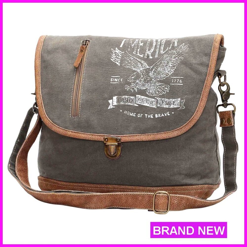 Canvas Messenger Bag with Leather Strap, Vintage Western Design, 15" Laptop